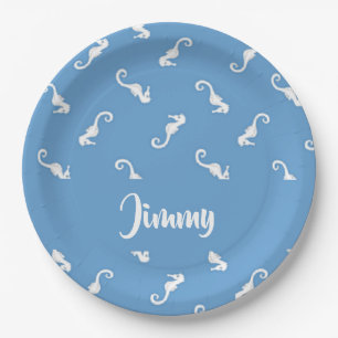 Custom name seahorses on blue paper plate
