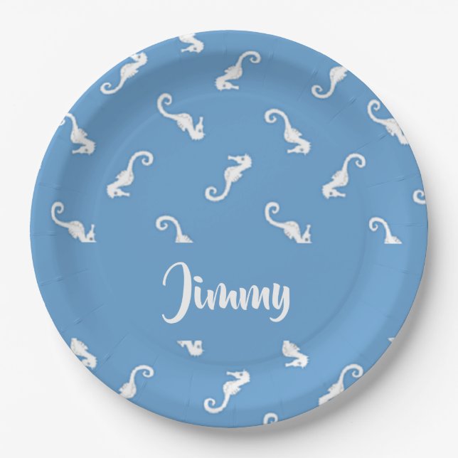 Custom name seahorses on  blue  paper plate (Front)