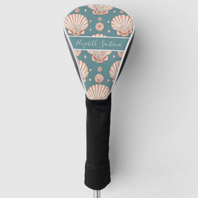Custom Name Seashell Pattern on Teal | Coastal Golf Head Cover (Front)