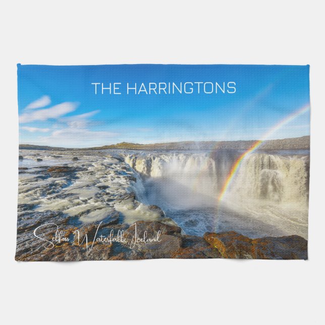 Custom Name Selfoss Waterfall, Iceland Tea Towel (Horizontal)