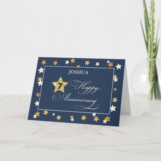 Custom Name Seventh Employee Anniversary Navy Gold Card (Front)