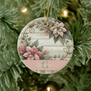 Custom Name Shabby Chic Pastel Poinsettias Garland Ceramic Tree Decoration