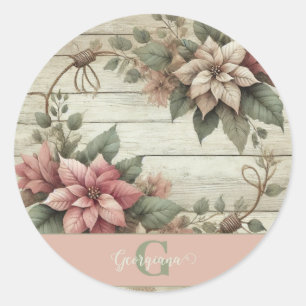 Custom Name Shabby Chic Pastel Poinsettias Garland Classic Round Sticker