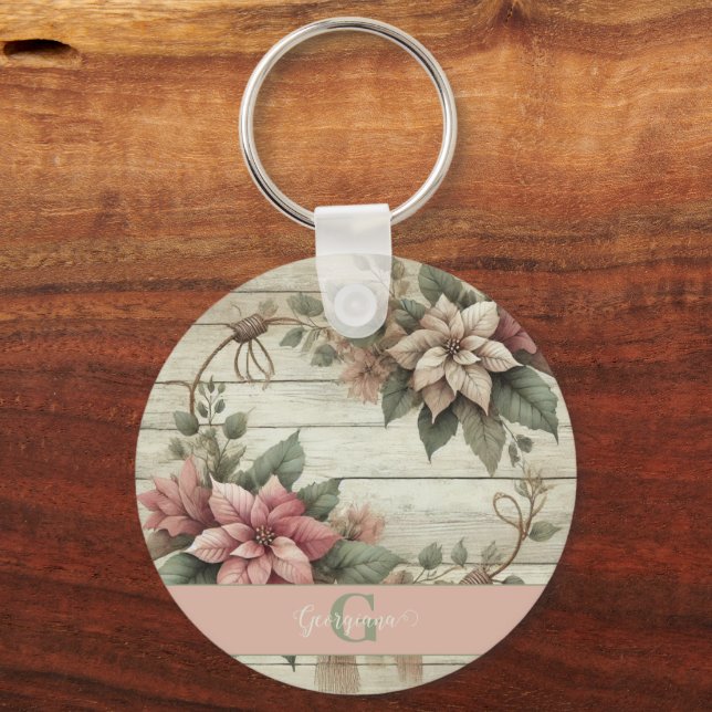 Custom Name Shabby Chic Pastel Poinsettias Garland Key Ring (Front)