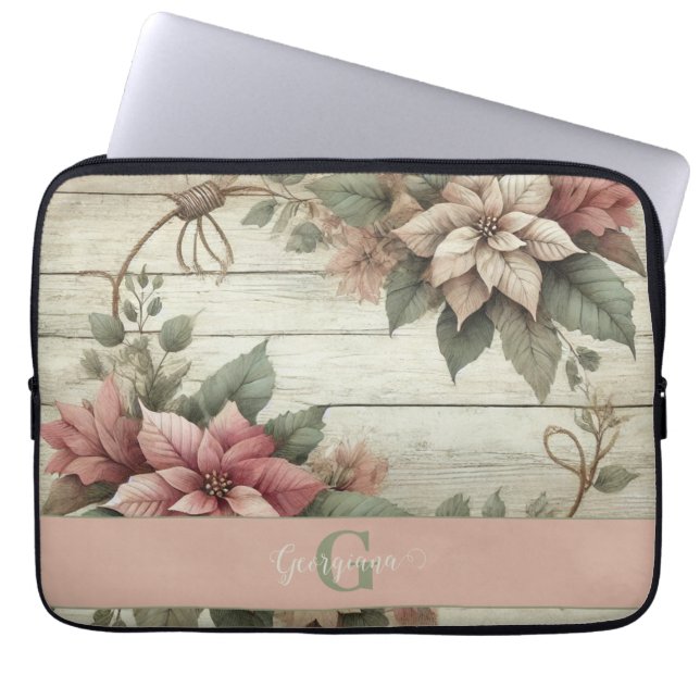Custom Name Shabby Chic Pastel Poinsettias Garland Laptop Sleeve (Front)
