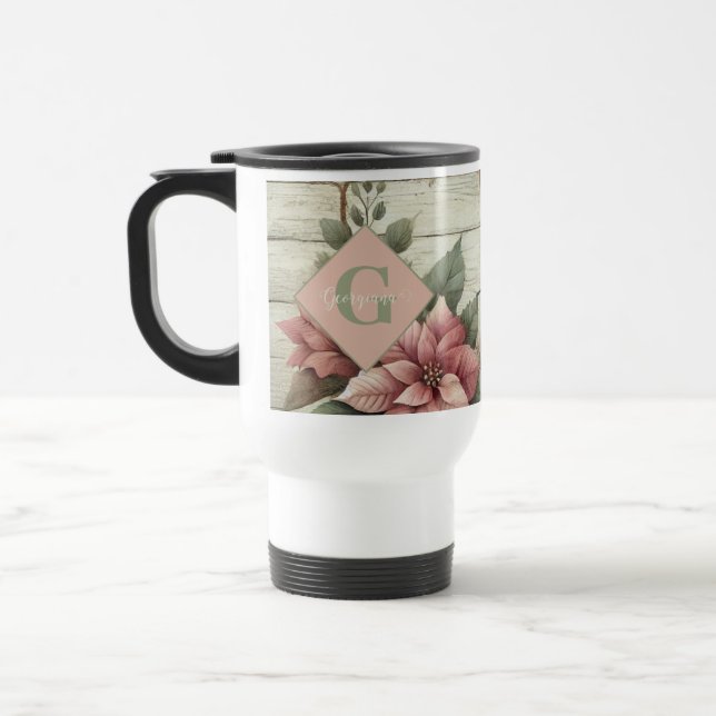 Custom Name Shabby Chic Pastel Poinsettias Garland Travel Mug (Left)