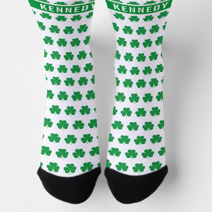 Custom Name Shamrock Clover Pattern Green White Socks