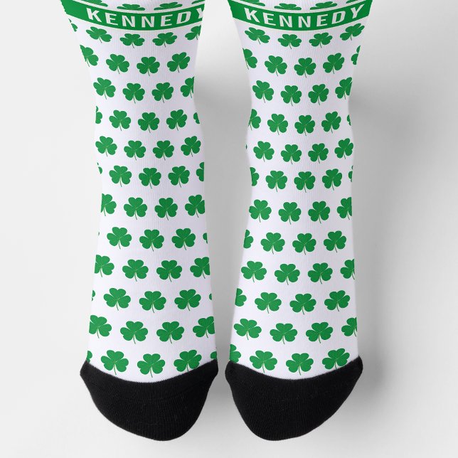 Custom Name Shamrock Clover Pattern Green White Socks (Creator Uploaded)