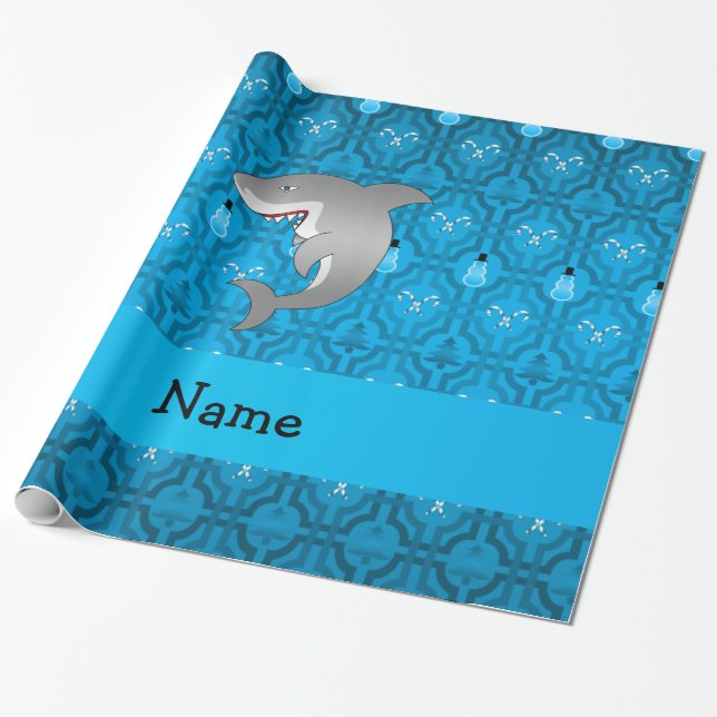 Custom name shark blue snowman trellis pattern wrapping paper (Unrolled)