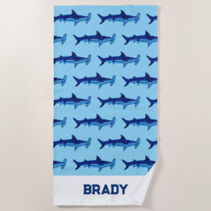 Custom Name Shark Watercolor Painting Pattern Beach Towel