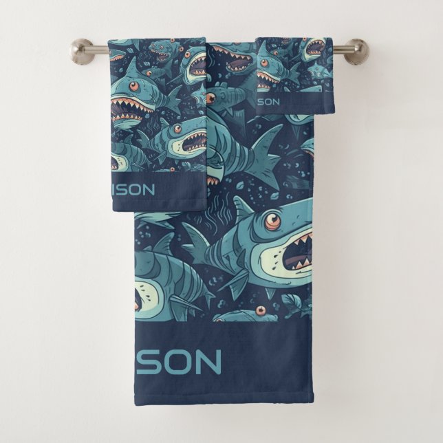 Custom Name Sharks Pattern Bath Towel Set (Insitu)