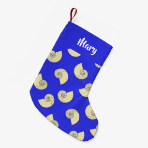 Custom name shells on blue small christmas stocking