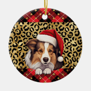 Custom Name Shetland Sheepdog dog Santa hat Buffal Ceramic Tree Decoration