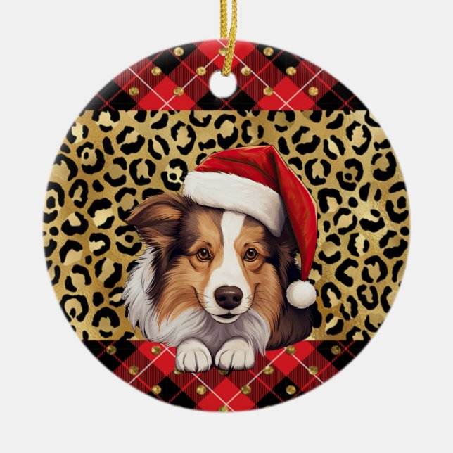 Custom Name Shetland Sheepdog dog Santa hat Buffal Ceramic Tree Decoration (Front)