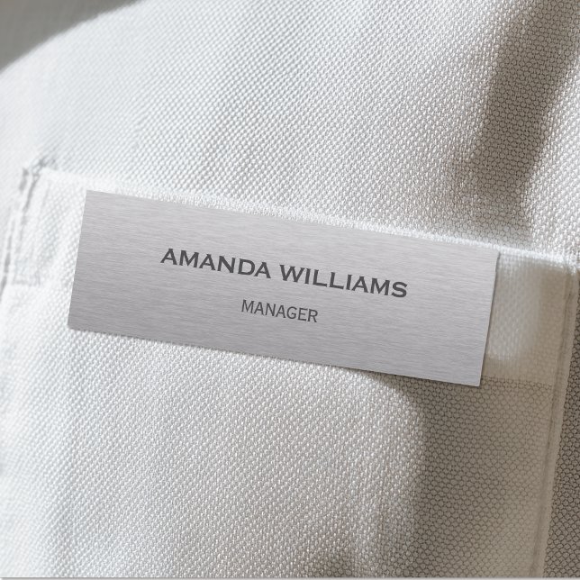 Custom Name Silver Brushed Metal Employee Tag (A polished, professional name tag with a brushed silver background.)