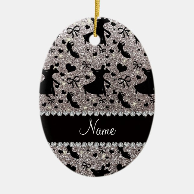 Custom name silver glitter ballroom dancing ceramic tree decoration (Front)