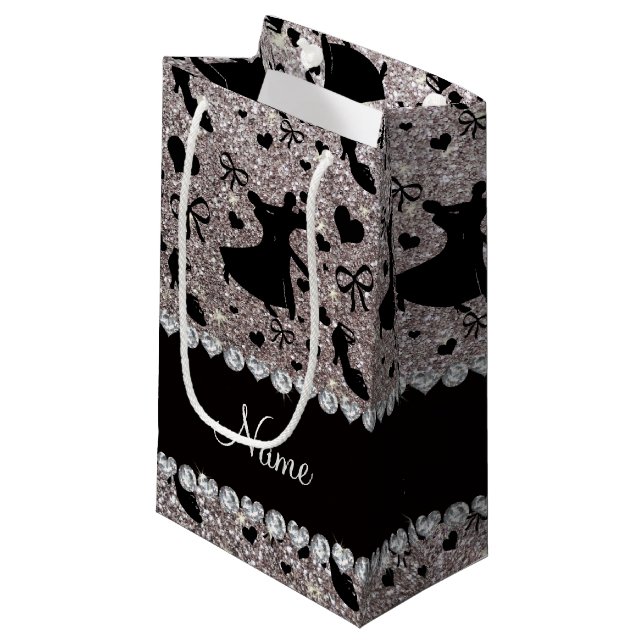 Custom name silver glitter ballroom dancing small gift bag (Front Angled)