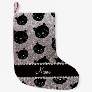 Custom name silver glitter black cat faces small christmas stocking