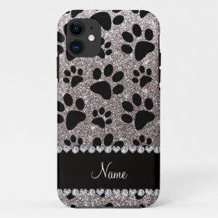 Custom name silver glitter black dog paws iPhone 11 case