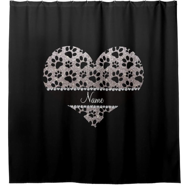 Custom name silver glitter black dog paws shower curtain (Front)