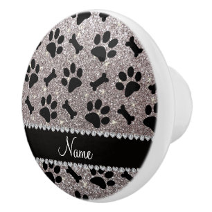 Custom name silver glitter bones dog paws ceramic knob