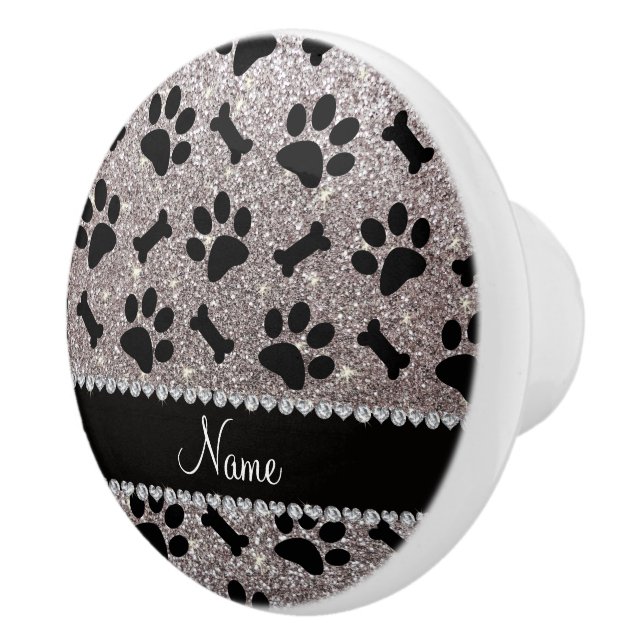 Custom name silver glitter bones dog paws ceramic knob (Right)