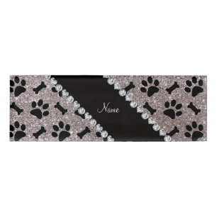 Custom name silver glitter bones dog paws name tag