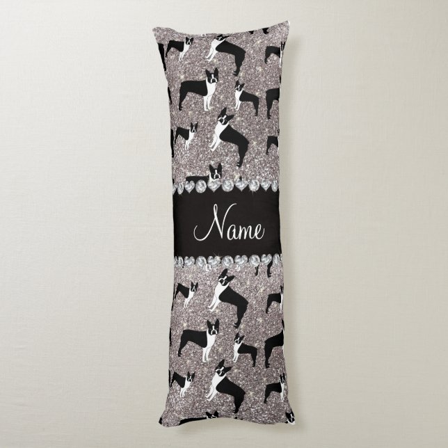 Custom name silver glitter boston terrier body cushion (Back (Vertical))