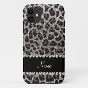 Custom name silver glitter leopard spots iPhone 11 case