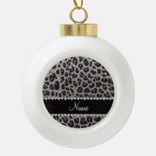 Custom name silver glitter leopard spots ceramic ball christmas ornament