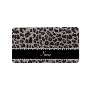 Custom name silver glitter leopard spots label