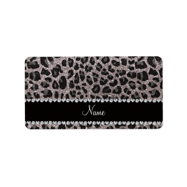 Custom name silver glitter leopard spots label (Front)