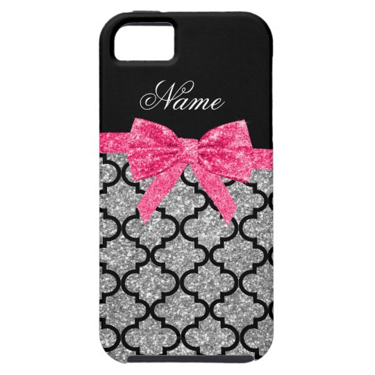 Custom name silver glitter moroccan pink bow iPhone 5 cover