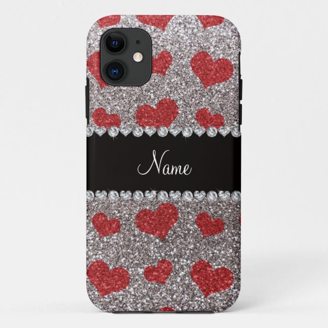 Custom name silver glitter red hearts Case-Mate iPhone case (Back)