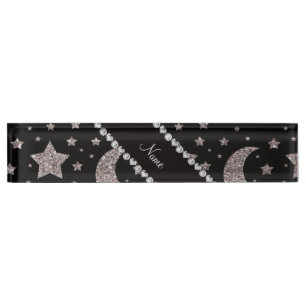 Custom name silver glitter stars and moons nameplate