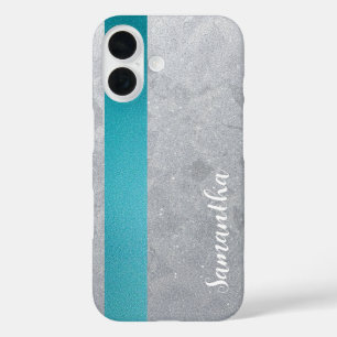 Custom Name Silver Glitter & Teal Stripe Textured iPhone 16 Case