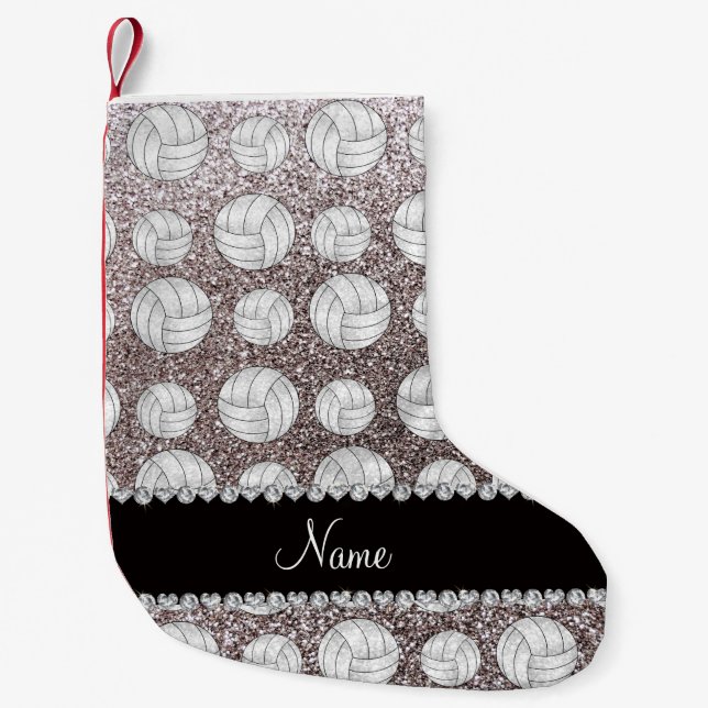Custom name silver glitter volleyballs small christmas stocking (Front)