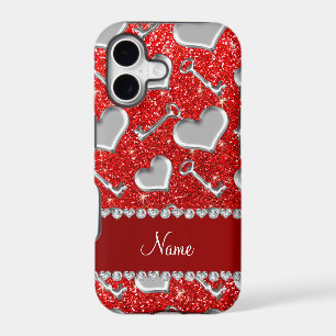 Custom name silver hearts keys neon red glitter