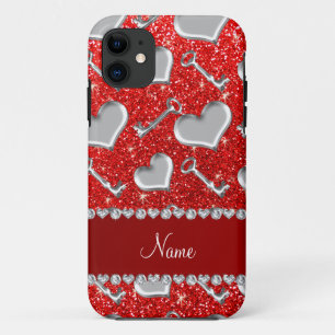 Custom name silver hearts keys neon red glitter iPhone 11 case