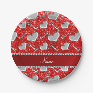 Custom name silver hearts keys neon red glitter paper plate