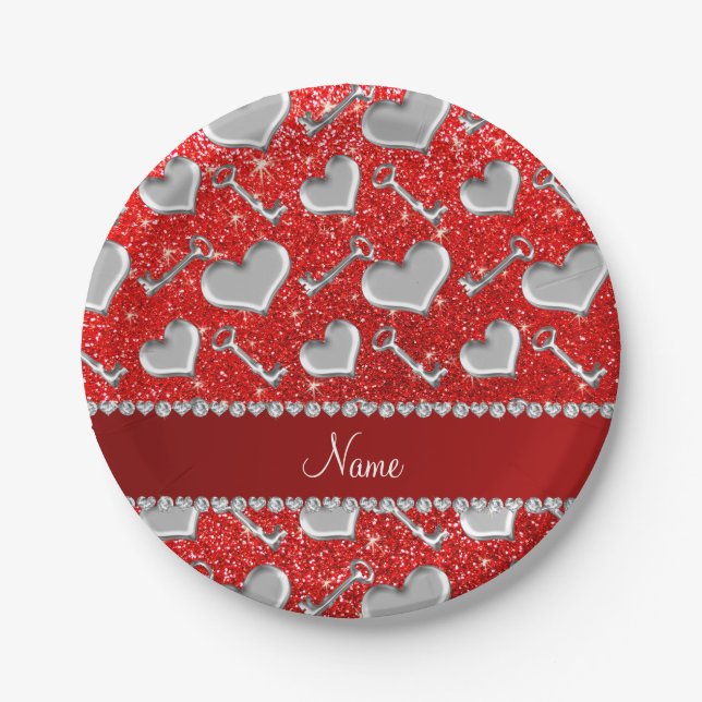 Custom name silver hearts keys neon red glitter paper plate (Front)