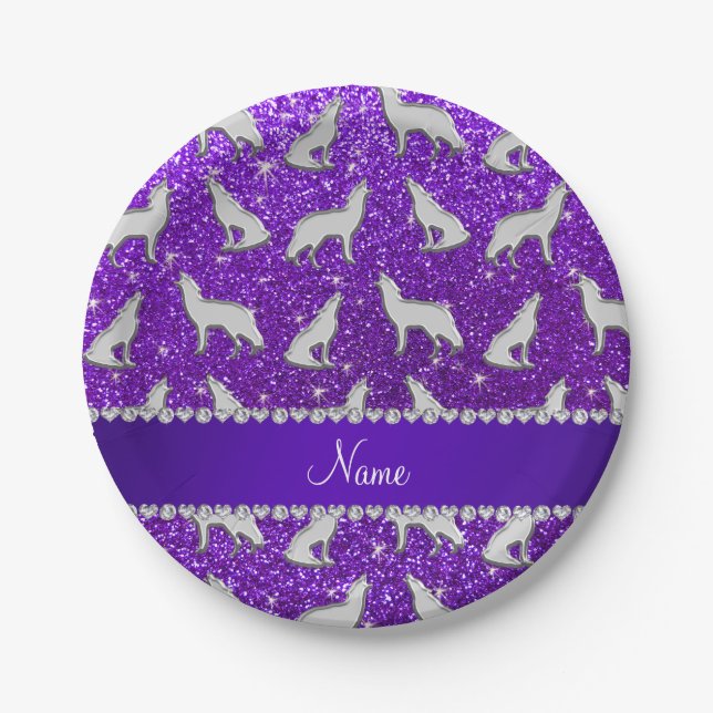 Custom name silver wolf indigo purple glitter paper plate (Front)