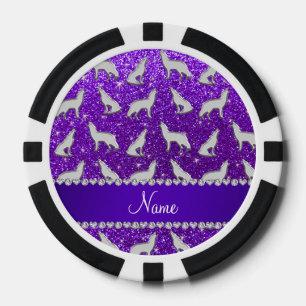 Custom name silver wolf indigo purple glitter poker chips