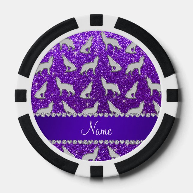 Custom name silver wolf indigo purple glitter poker chips (Front)