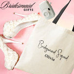 Custom Name,Simple Script Bridesmaid Wedding Tote Bag<br><div class="desc">Introducing our "Bridesmaid Squad" Personalised Tote Bag – the perfect blend of style, practicality, and heartfelt appreciation. Designed with love and elegance, this modern tote bag features "Bridesmaid Squad" in a beautiful script font and can be personalised with your bridesmaid's name, making it a one-of-a-kind keepsake. Ideal for carrying on...</div>