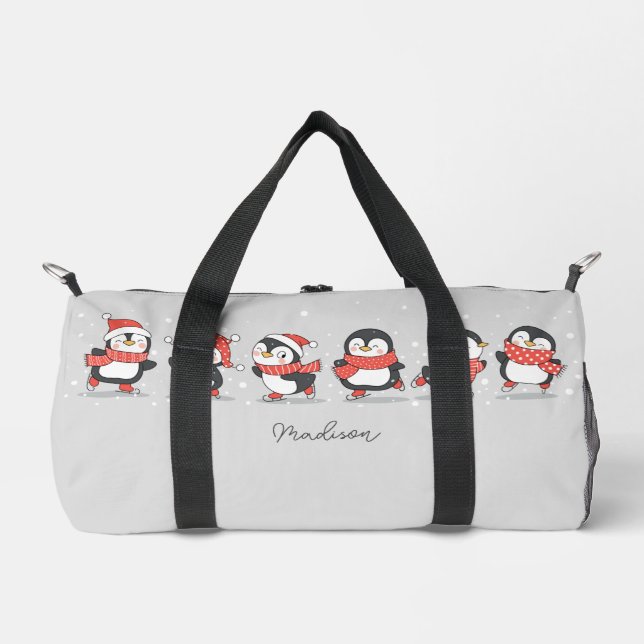 Custom Name Skating Penguins Duffle Bag (Front)