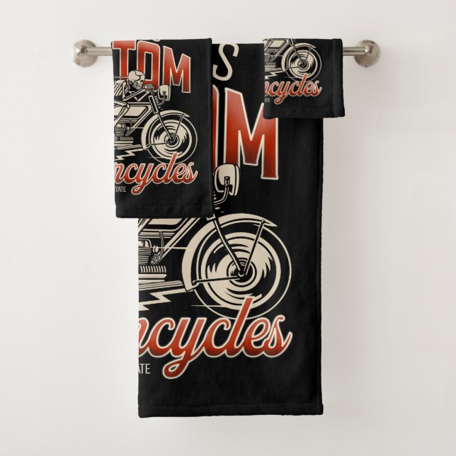 Custom NAME Skeleton Motorcycle Cycle Shop Bath Towel Set (Insitu)