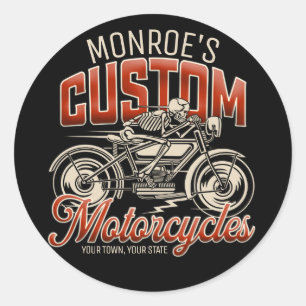 Custom NAME Skeleton Motorcycle Cycle Shop Classic Round Sticker