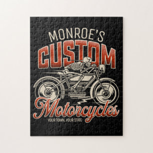 Custom NAME Skeleton Motorcycle Cycle Shop Jigsaw Puzzle