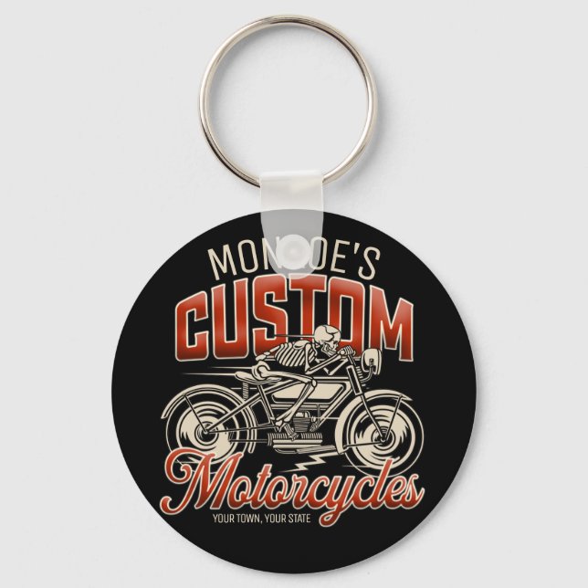 Custom NAME Skeleton Motorcycle Cycle Shop Key Ring (Front)